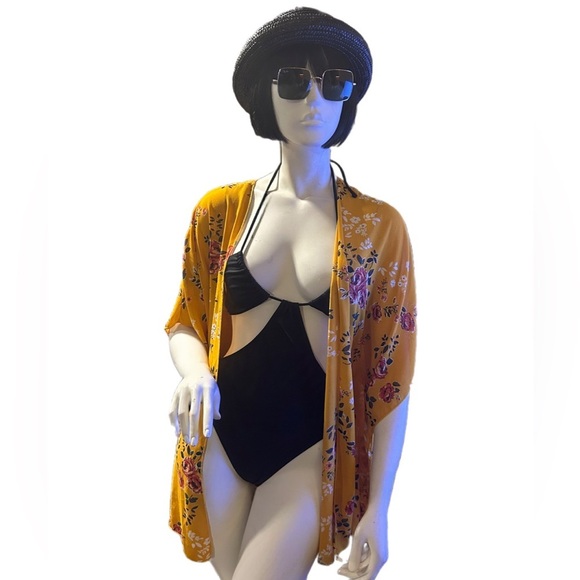 No Boundaries Golden Floral Kimono Beach Coverup Size M - Picture 2 of 4